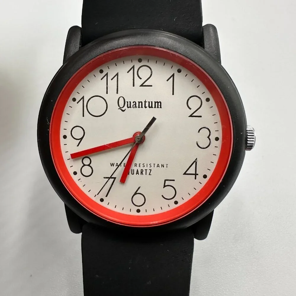 3/$30 Quantum Watch Women Black Red Round White Dial Resin Buckle Band